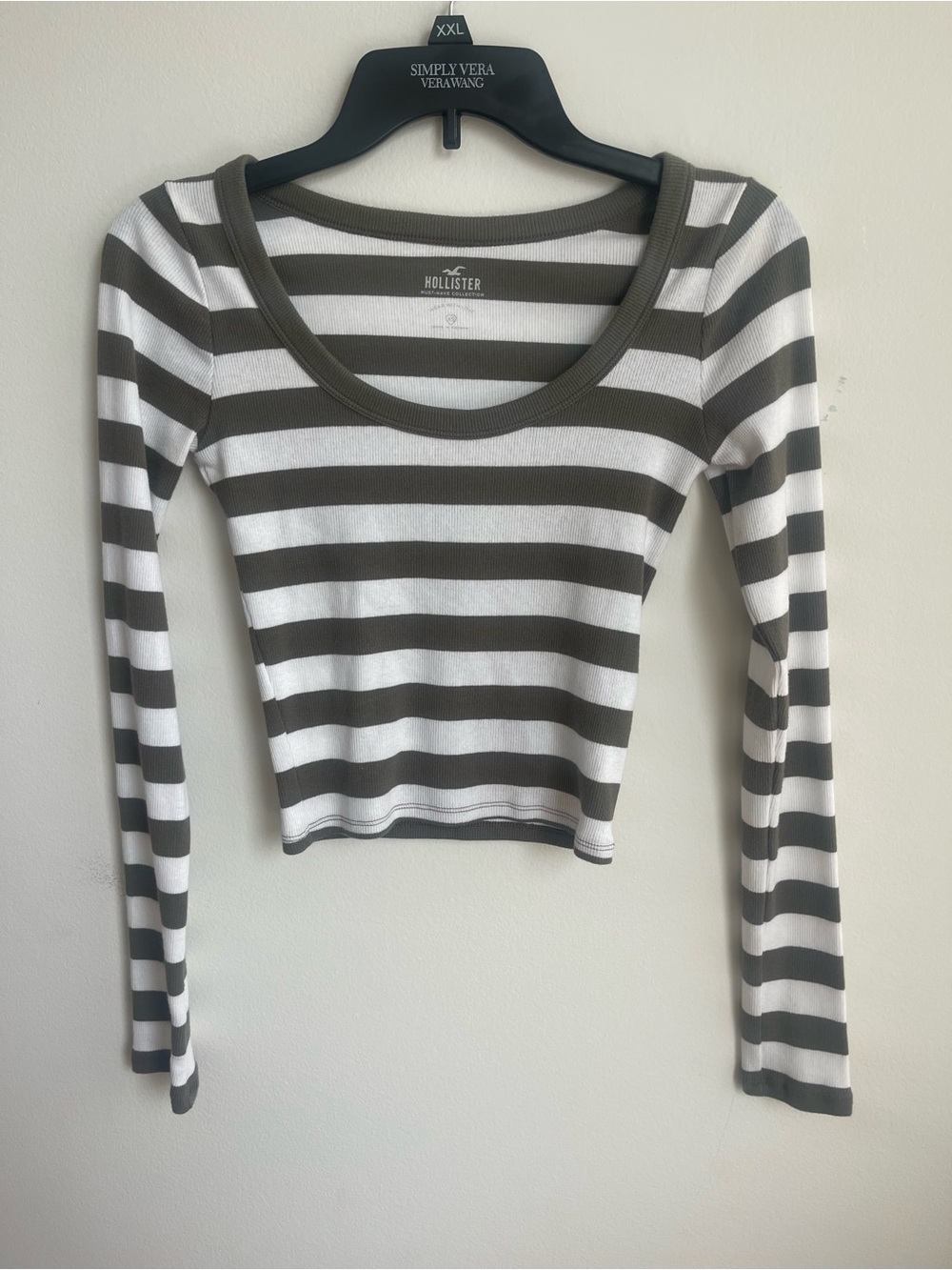 Hollister Olive and White Striped Long Sleeve Scoop-Neck Tee